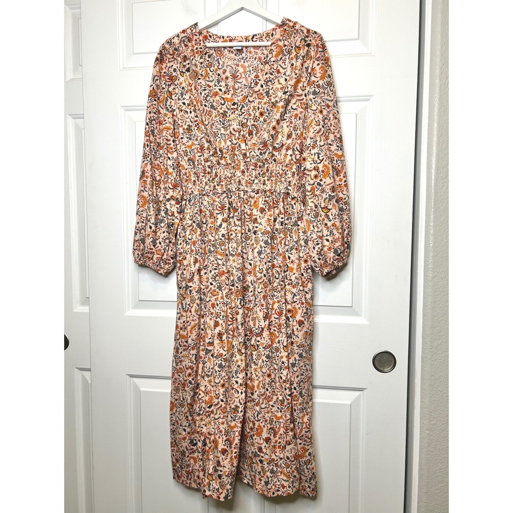 Old Navy Floral Midi Dress XL Smocked Boho Balloon